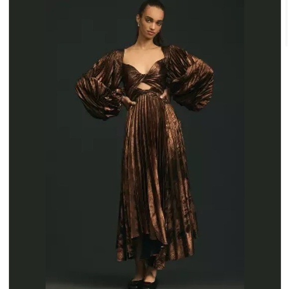 Acler Auroa Midi Dress Metallic Twist Front Pleated Bronze Size 6 NEW - Picture 2 of 16